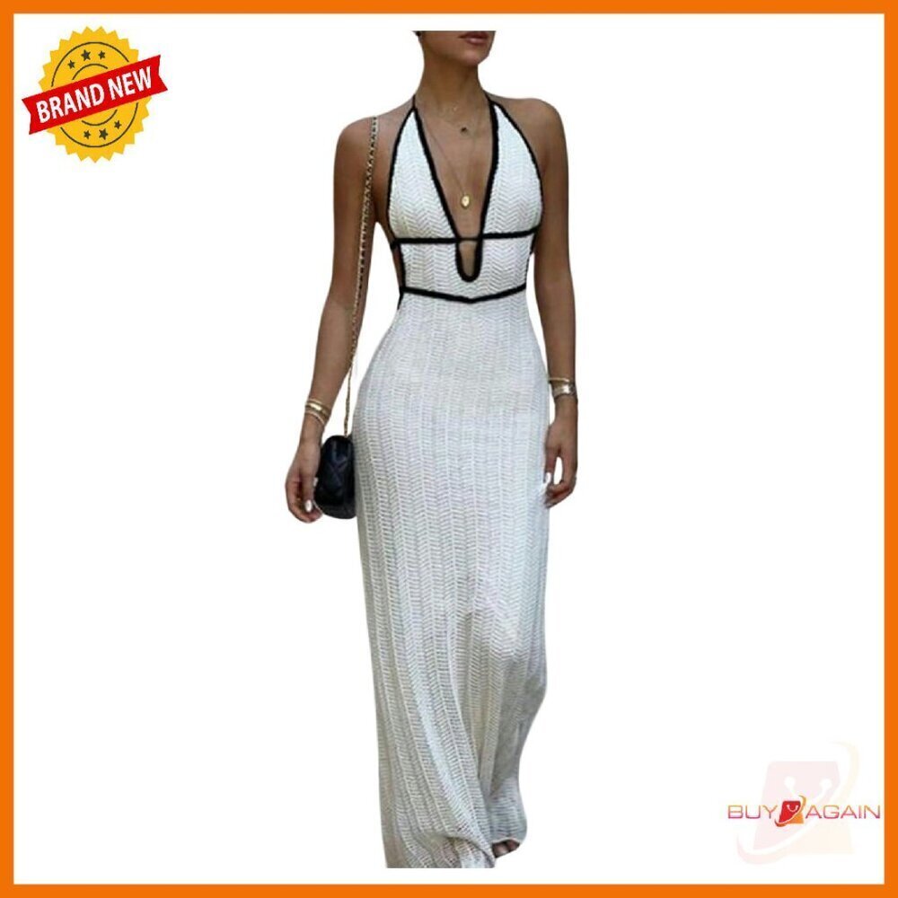 Deep V Halter Knit Maxi Dress Backless Formal Wedding Guest